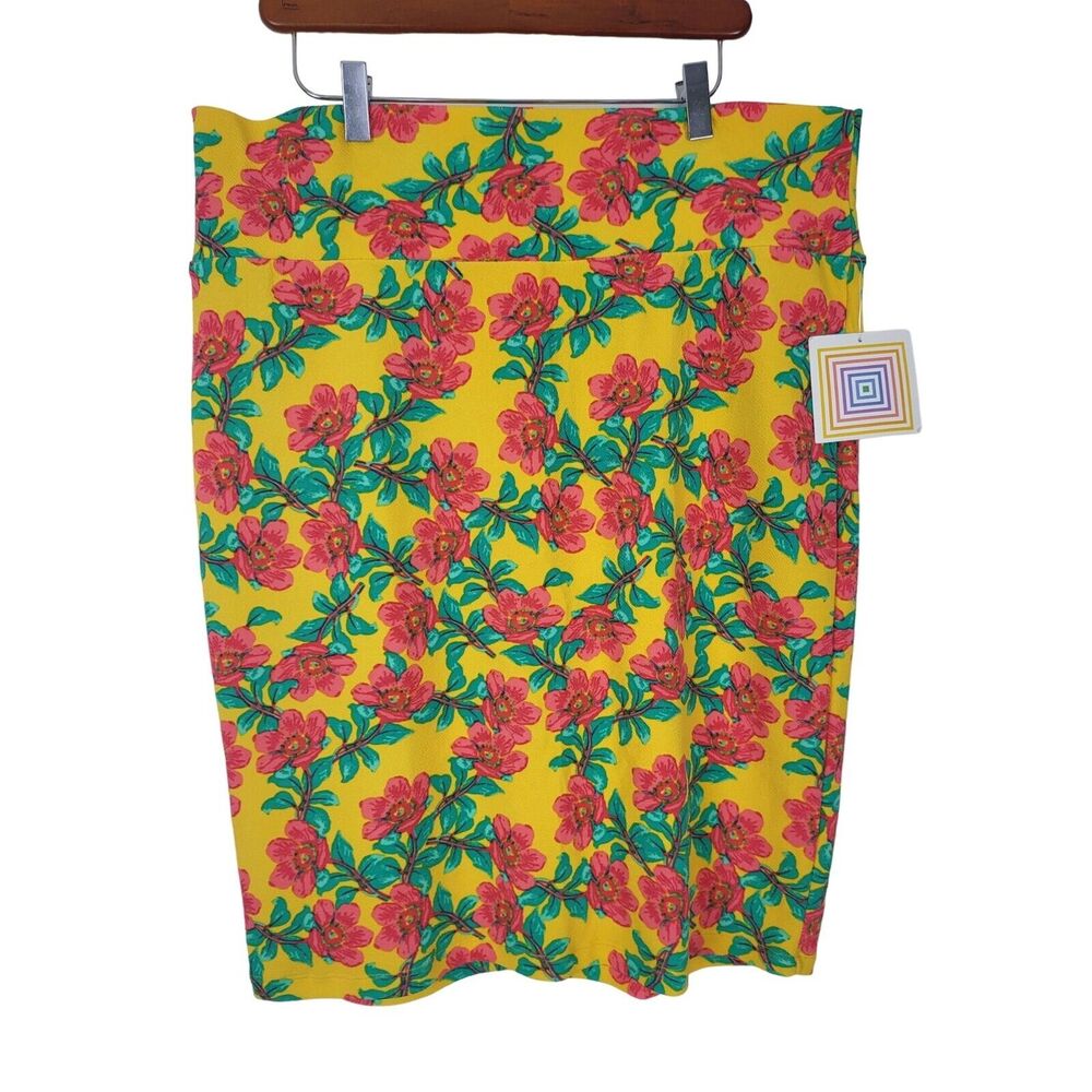 LuLaRoe Cassie Skirt 3XL Womens Plus Size Yellow Pink Floral‎ Pull On NWT